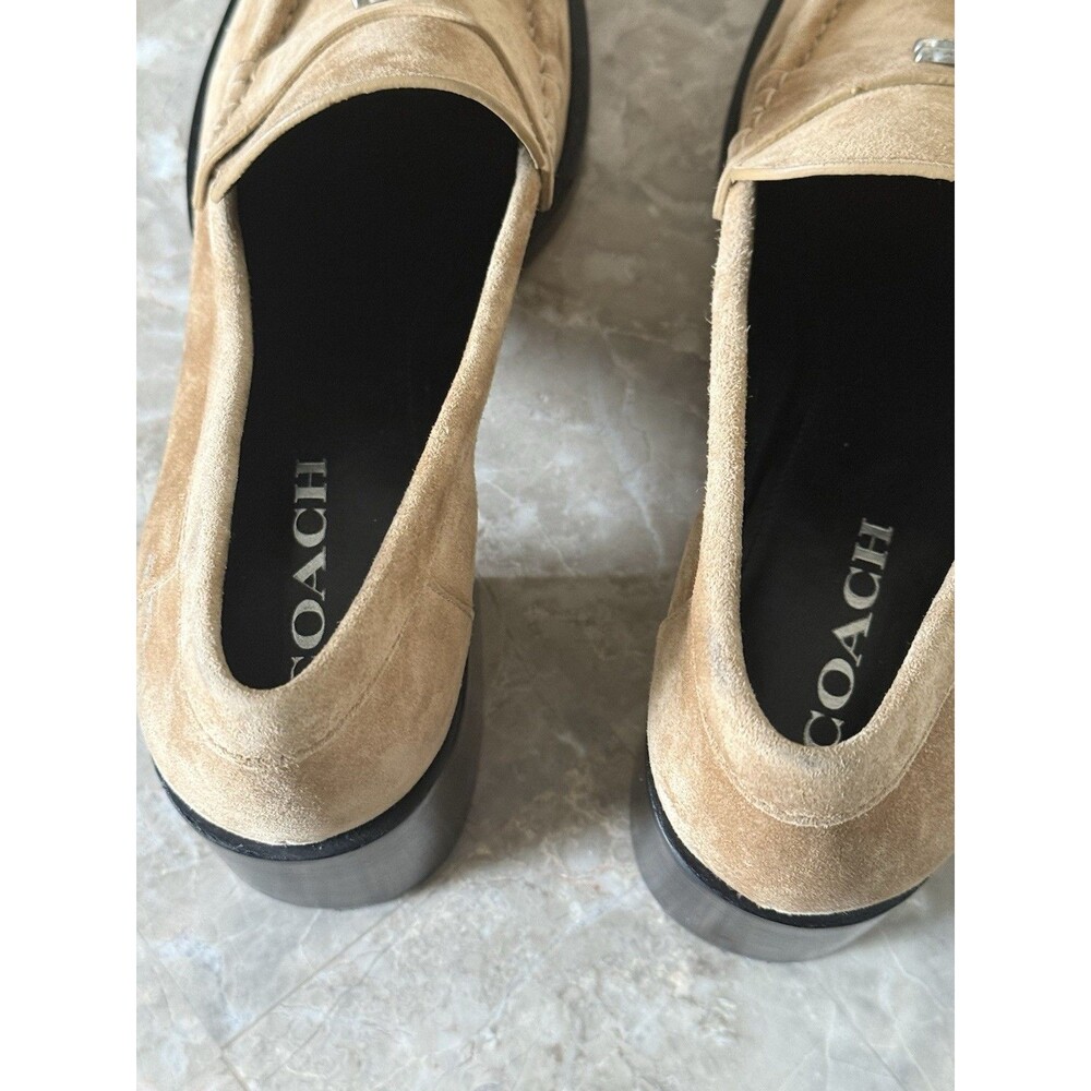 Coach CU227 Women’s 9B Tan Suede Heeled Loafers Sculpted C Chunky Heel - Picture 5 of 11